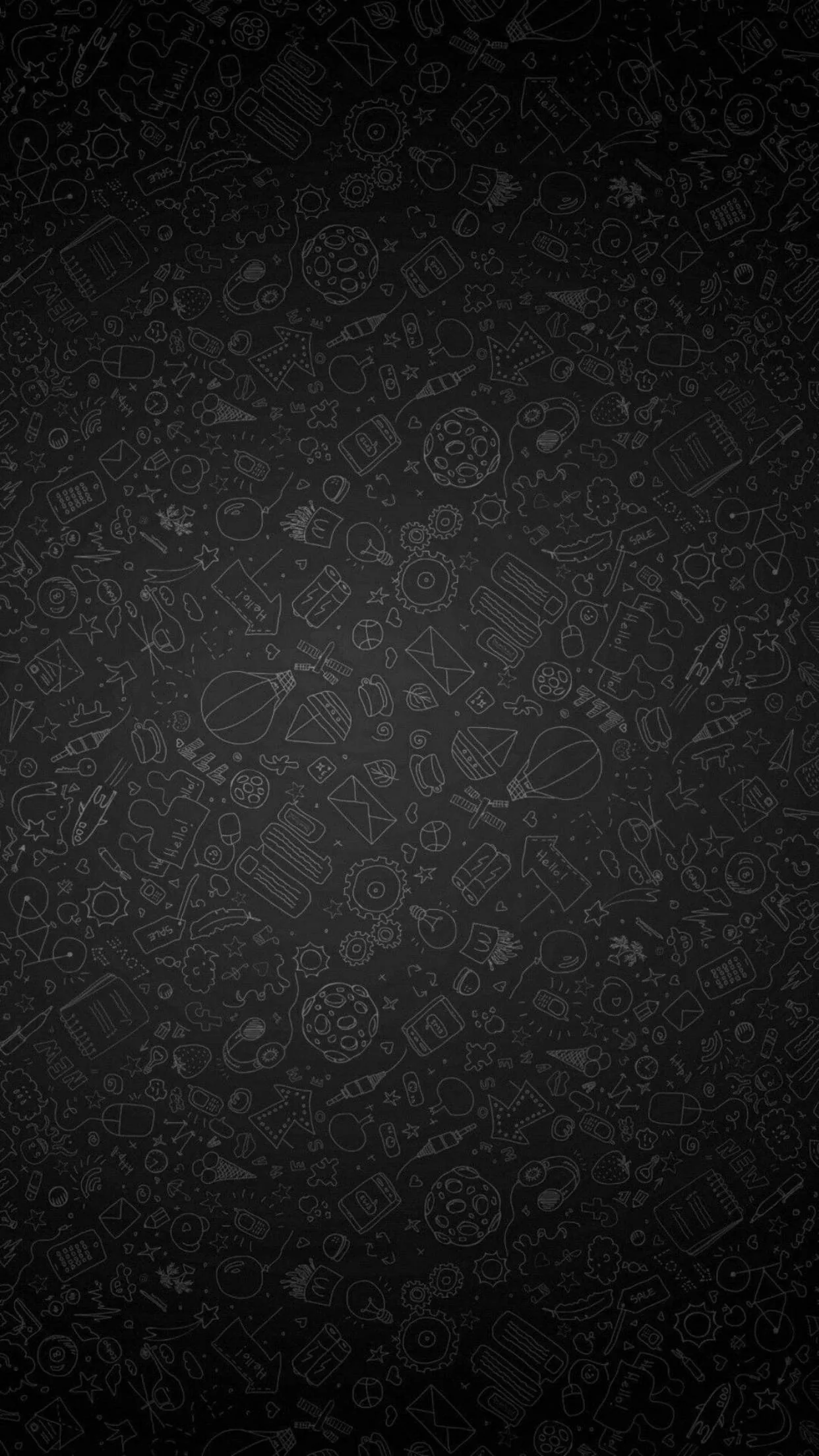 Hundreds of small hand-drawn shapes and symbols cover the frame in charcoal on black, dense enough to read as texture from arm's length.