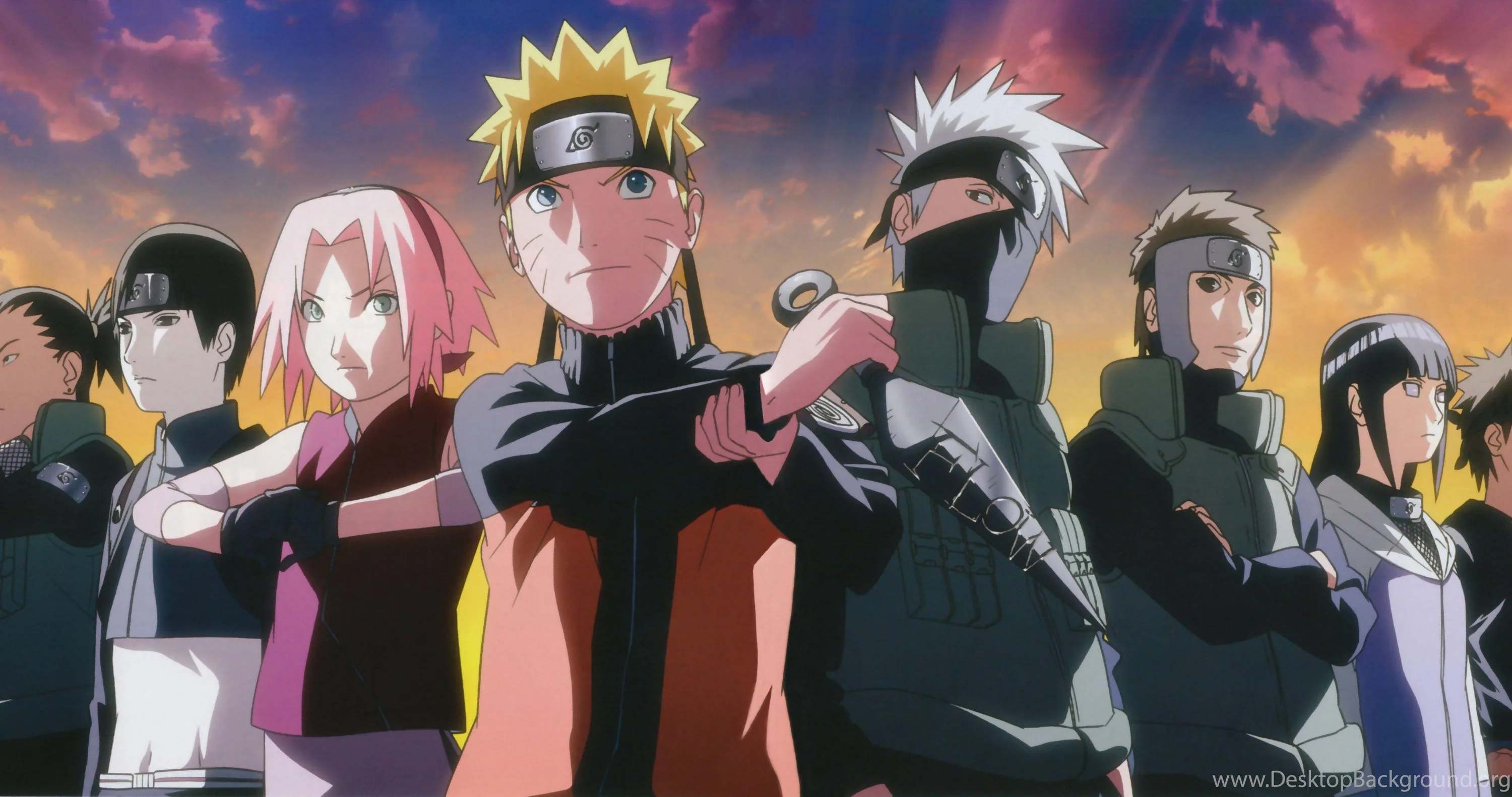 Eight shinobi line up facing the camera in dark cloaks, pink and grey clouds banked behind them and the light falling flat across every face.