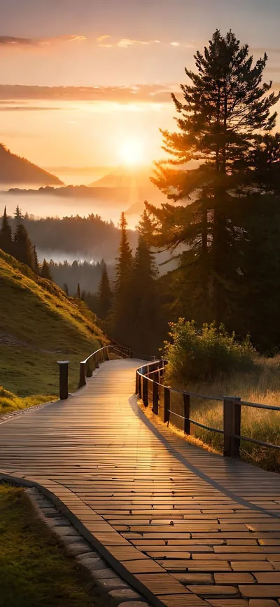 Boardwalk Path Toward a Misty Sunrise HD Phone Wallpaper