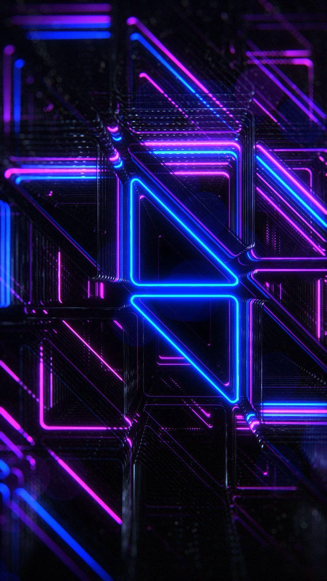 A 3D maze of glass panels and triangles glows in violet and blue, densest in the upper half so the dock area below stays calmer.