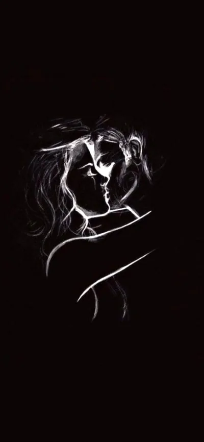 Thin white strokes draw a woman and man holding each other on solid black, the sketch fading away at the shoulders.