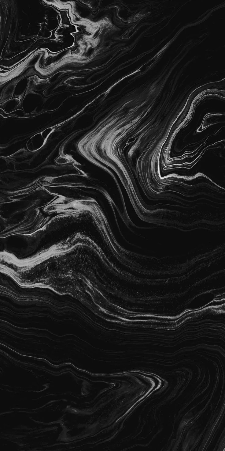 White mineral veins swirl through black fluid like marbled ink, densest through the middle of this tall frame and calming near the top edge.