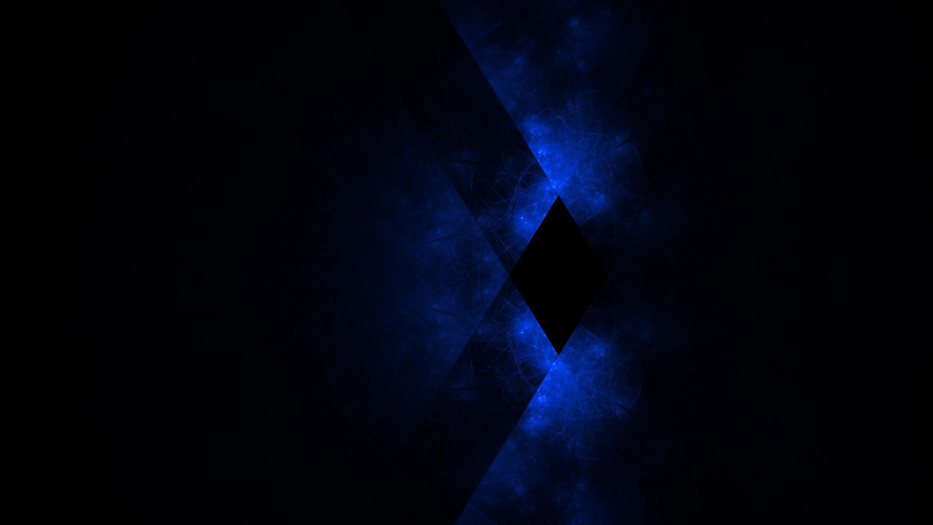 A sharp black diamond sits at the centre of two blue cloud formations that meet edge to edge, the rest of the frame fading to black.