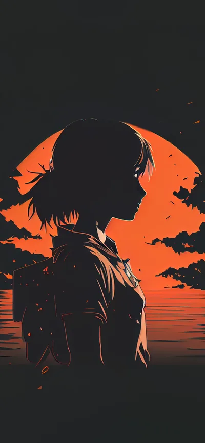 Girl Silhouette Against an Orange Sun HD Phone Wallpaper