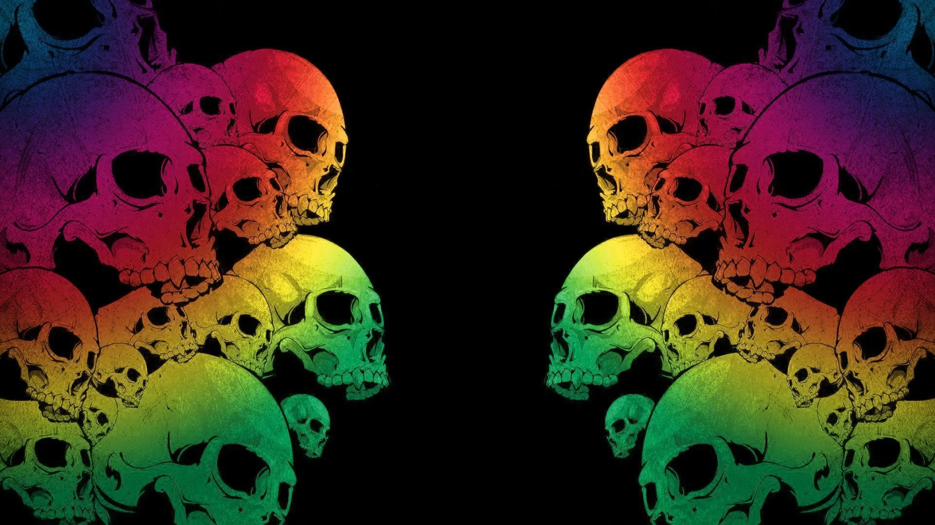 Two matching stacks of skulls face each other across a black gap down the centre, each one washed in a red-to-green rainbow gradient.