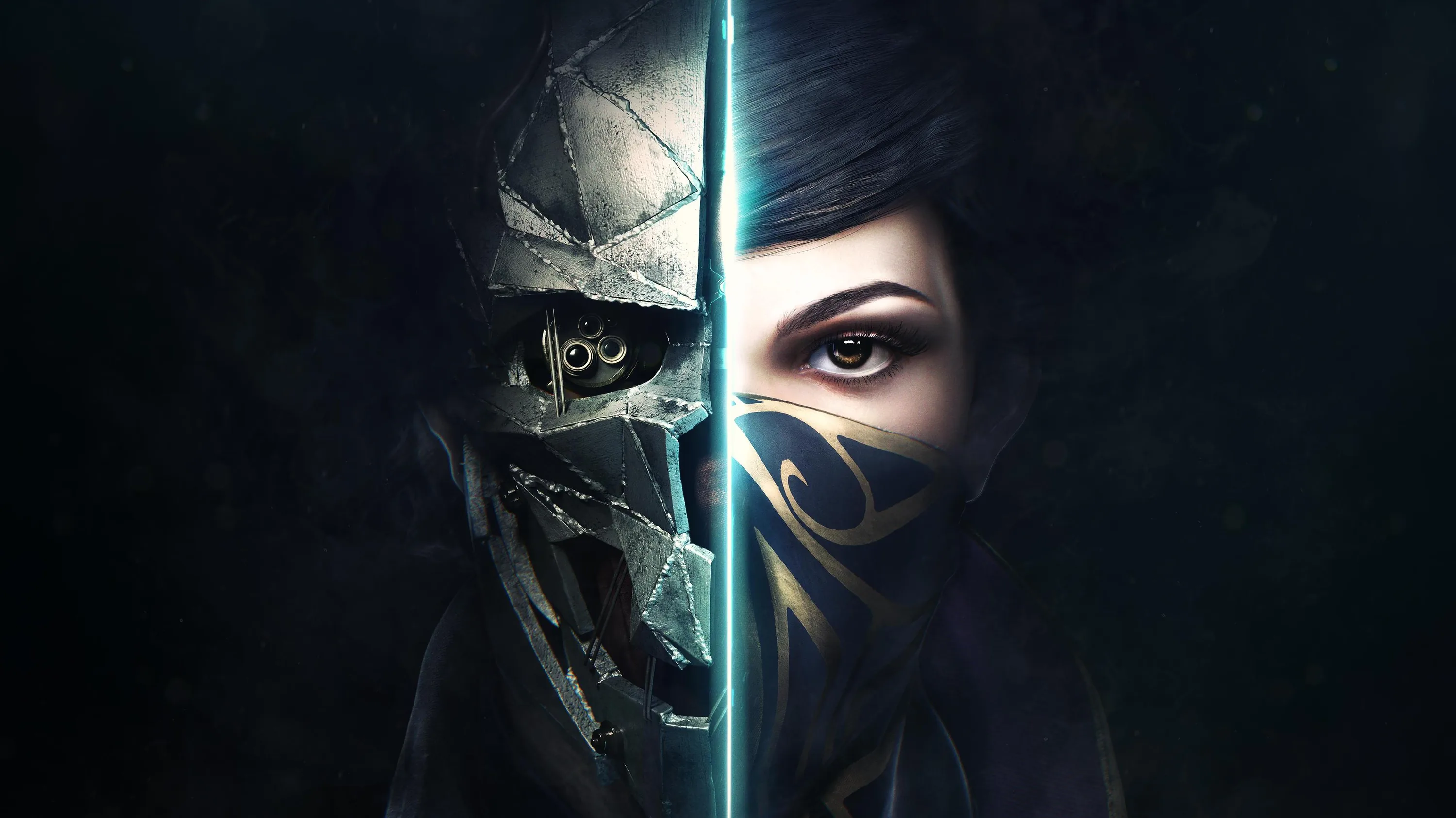 A cracked bone mask and a woman's face meet at the centre, divided by a thin blue seam that runs top to bottom.