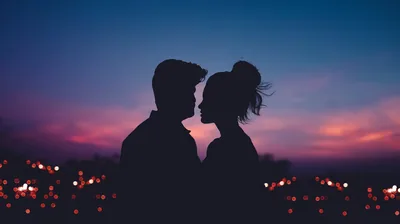 Silhouette Couple Against a Violet Sunset HD Wallpaper