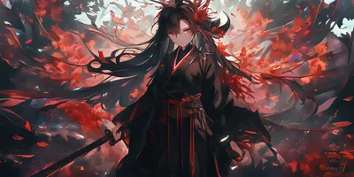 Swordsman in Black Robes Under Red Leaves HD Wallpaper