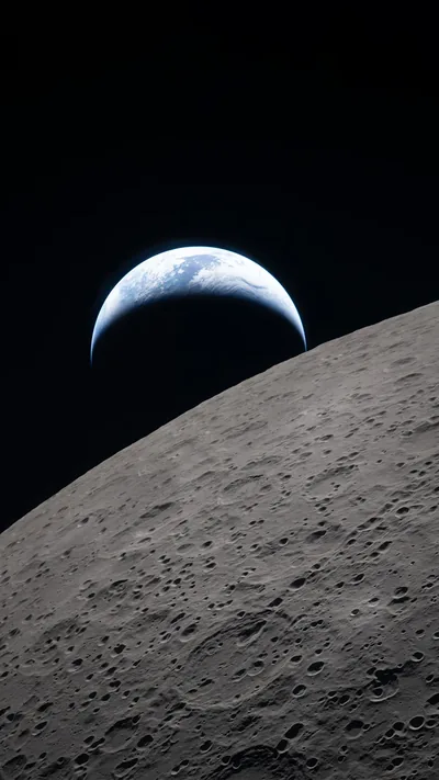 Crescent Earth over the Lunar Surface HD Phone Wallpaper