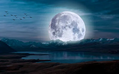 Giant Moon over a Mountain Lake HD Wallpaper