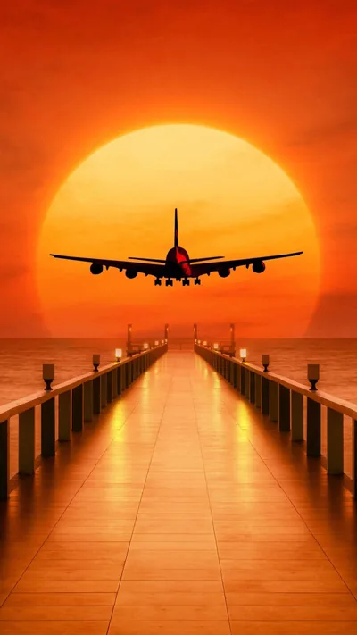 Airplane Landing Into a Giant Sun HD Phone Wallpaper