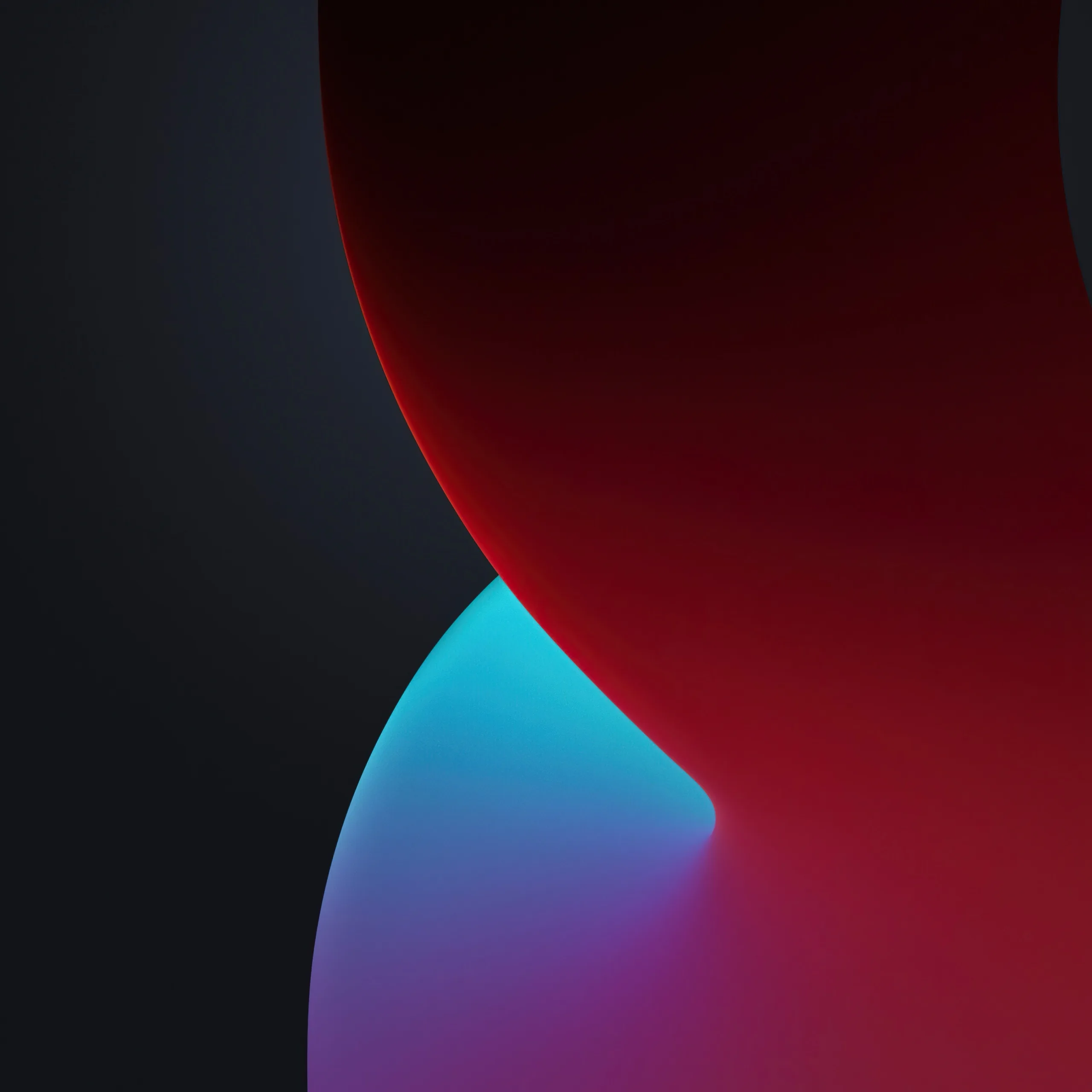 The familiar iOS-style abstract: a deep red blade curling over a teal-to-violet fin, set against flat graphite with the left third kept dark.