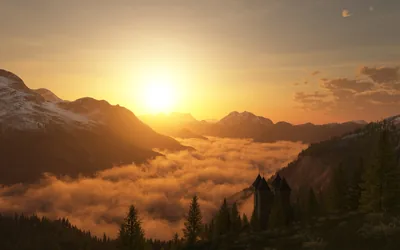 Golden Sunset Over a Cloud-Filled Valley HD Wallpaper