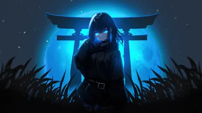 Girl at a Torii Gate Under a Blue Moon HD Wallpaper