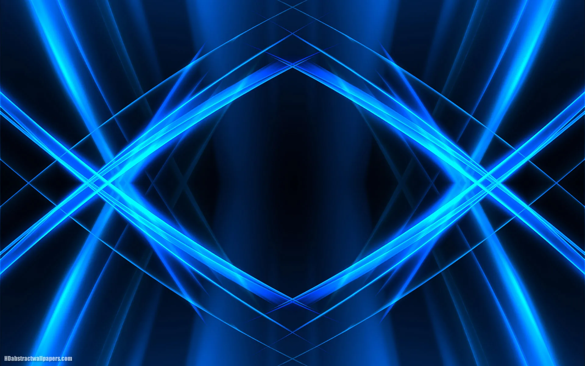 Bright blue beams cross in a symmetrical diamond at the centre, thinner rays fanning out to both sides of a dark stage.