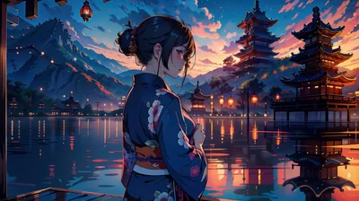 Kimono Girl by a Pagoda Lake HD Wallpaper