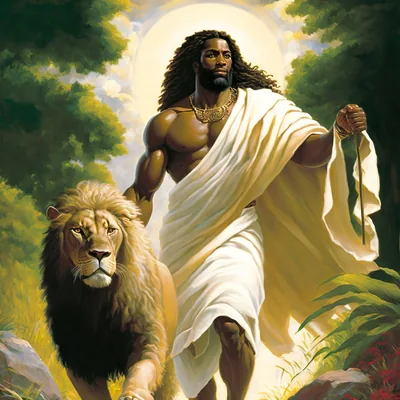 Downloadable Print Image of Black Jesus and a Mighty Lion, Black Art
