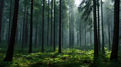 Fern Carpet Under Tall Misty Pines HD Wallpaper