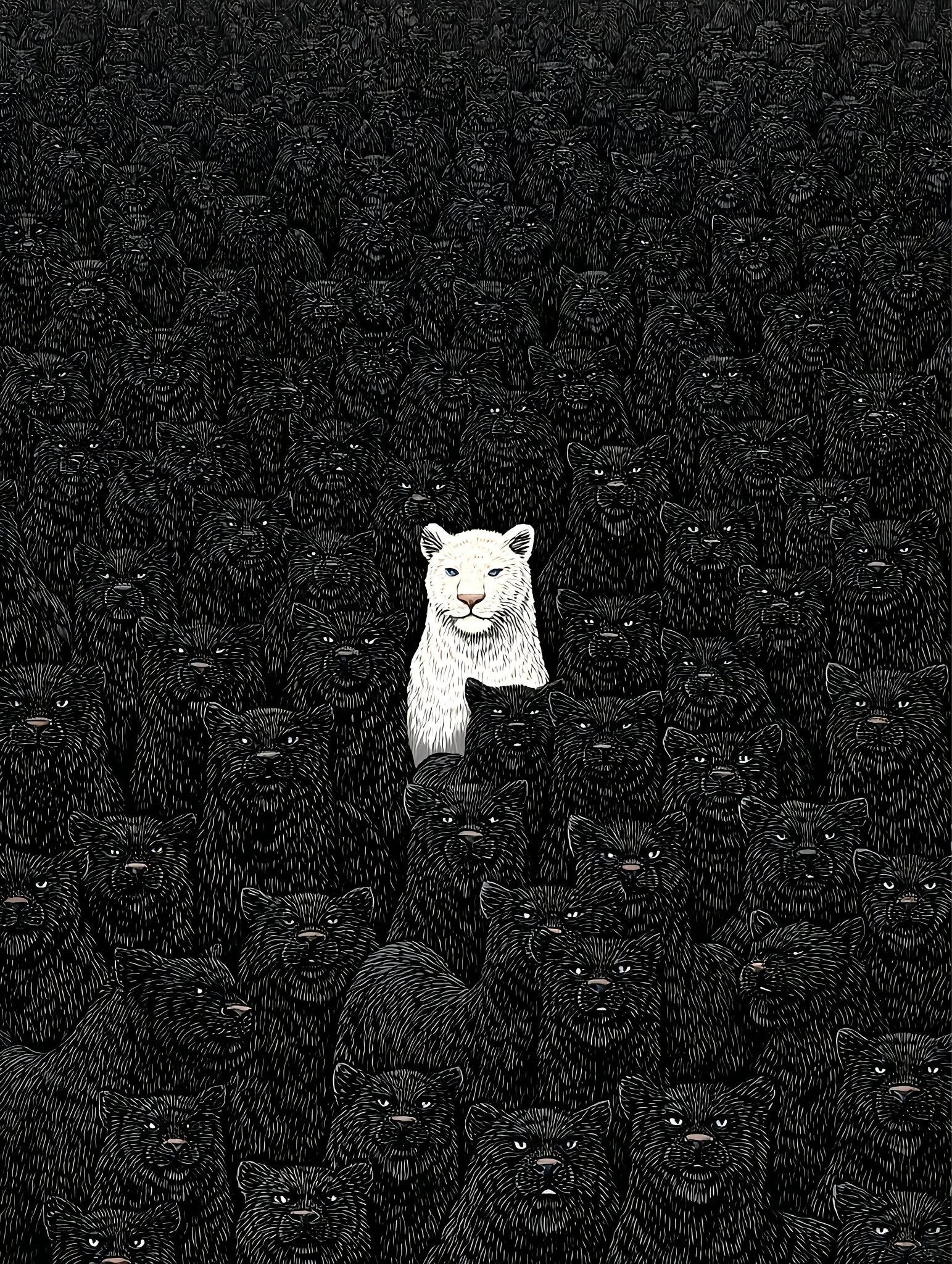 One white lion faces forward in the middle of a dense crowd of black big cats, the only bright point in the whole frame.