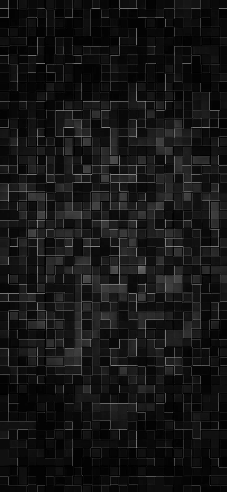 Thousands of small square tiles cover the tall frame in near-black greys, a slightly lighter cluster drifting through the middle.