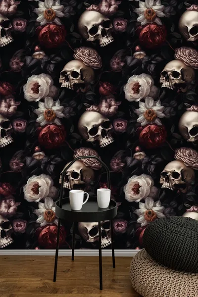 Dark Floral Skull Wallpaper Gothic Peony Wall Mural, Peel and Stick