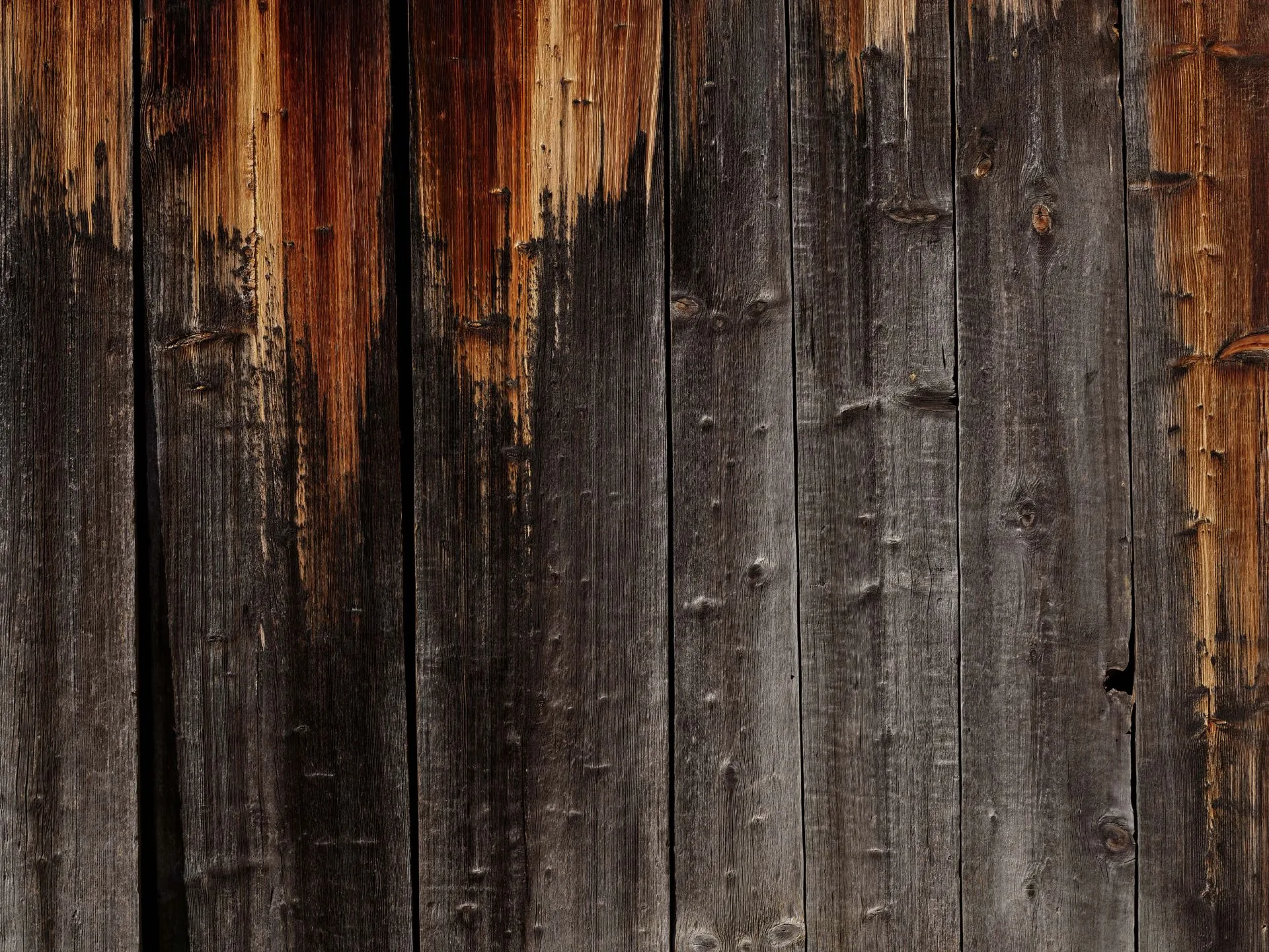 Old grey barn siding with rust-orange streaks bleeding down from the top-left, the lower two thirds left in plain weathered grey for a calm icon area.