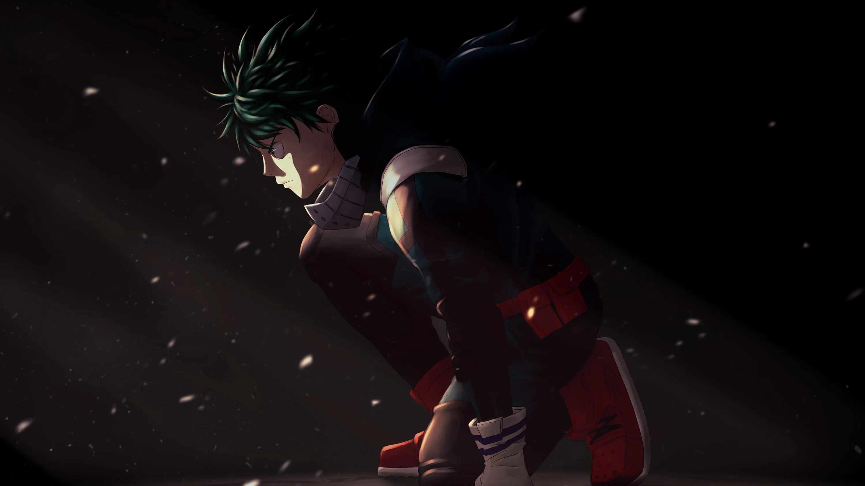 Green-haired boy braced on one knee in red boots, a single cold light from the upper right catching the snow drifting past him.