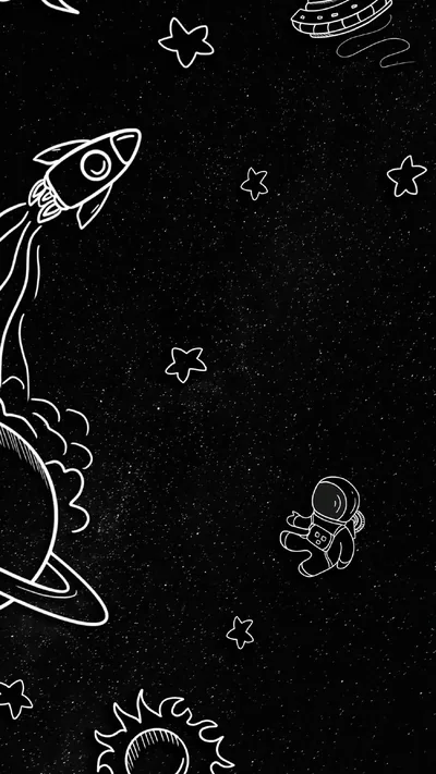 Black and White Space Wallpaper with Stars, Planets, Rockets, and Teddy
