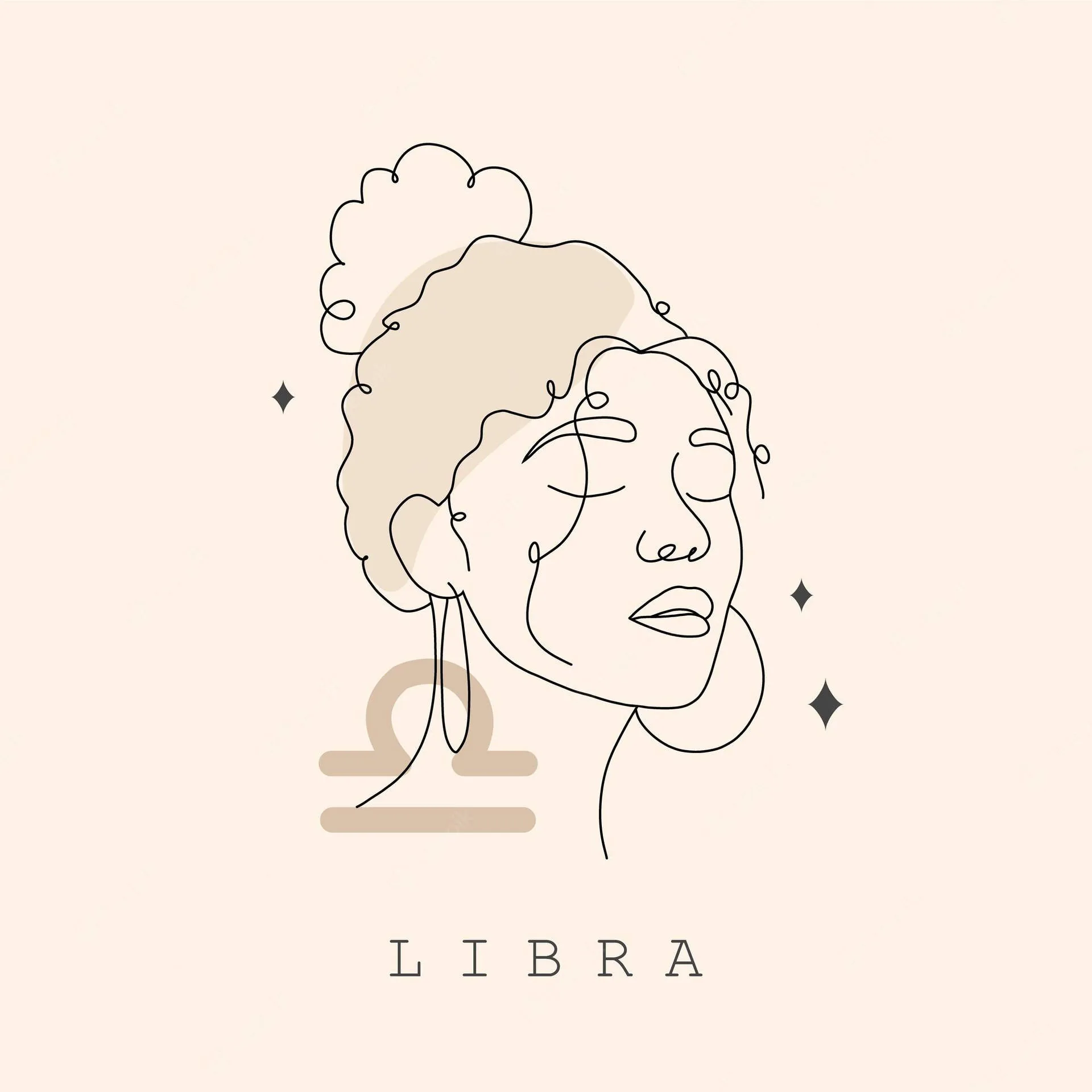 A continuous-line portrait with a soft cloud of hair and a glyph earring sits on warm cream, letterspaced type leaving the lower edge airy.
