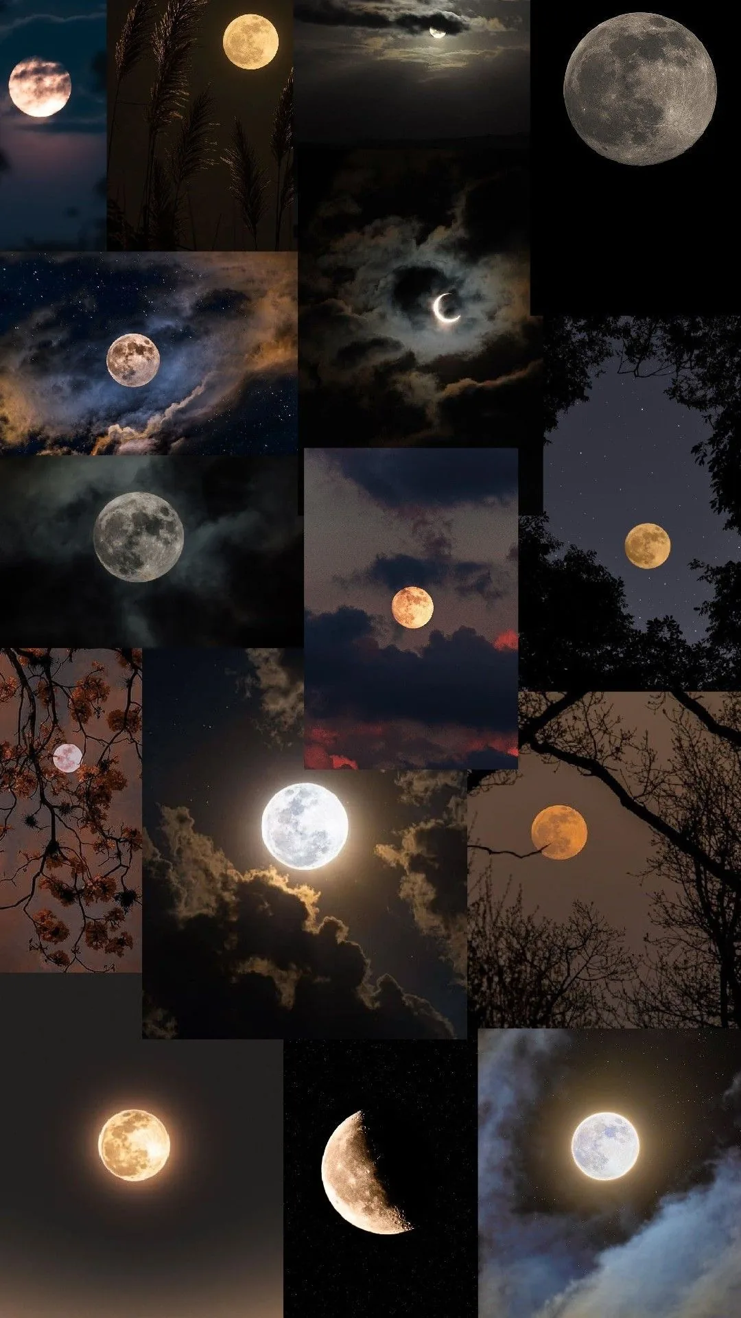 A seamless grid of night-sky photos — amber and silver full moons, crescents, bare branches — every tile filled, leaving no flat black anywhere in the frame.