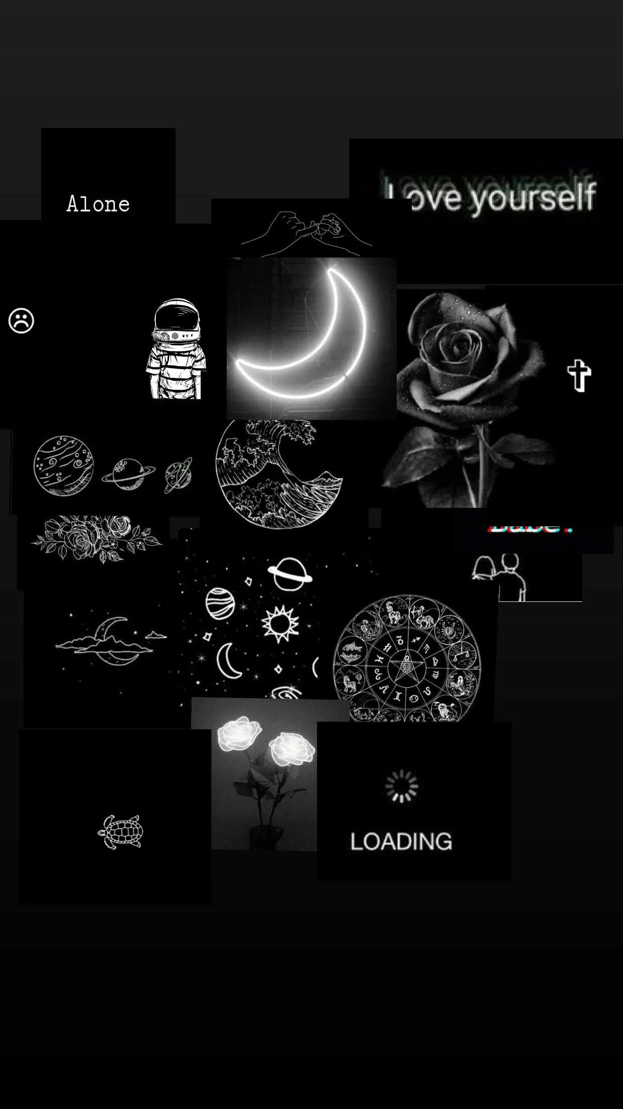 Small monochrome tiles of a crescent moon, a rose, an astronaut and short captions arranged loosely over black, gaps of pure dark left between them.