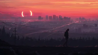 Eclipse Over a Sunset City Skyline HD Wallpaper