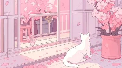Porch Cat Among Blossom Petals HD Wallpaper