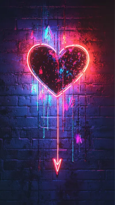 Neon Heart with an Arrow on Brick HD Phone Wallpaper