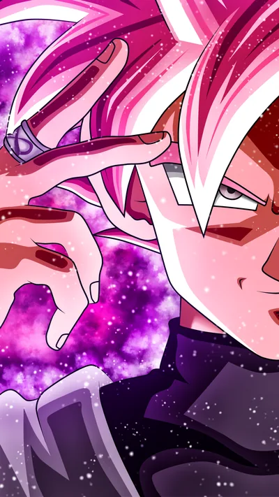 An extreme close crop pushes the white-pink hair and raised ringed fingers against a violet galaxy, the face sitting right so the left edge stays open.