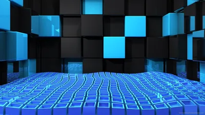 Blue and Black Cubes over a Glowing Grid HD Wallpaper