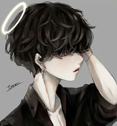 Curly-Haired Anime Boy with a Halo HD Phone Wallpaper
