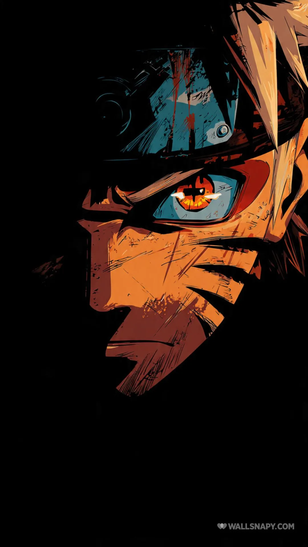 Only half of Naruto's scowling face emerges from the darkness, one amber slit eye catching light; the rest of the frame stays flat black for AMOLED screens.