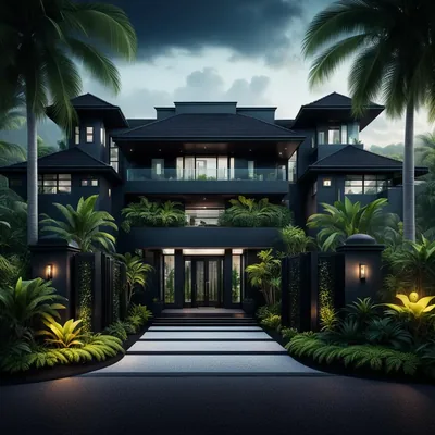 A one level modern black mansion with lush tropical landscaping