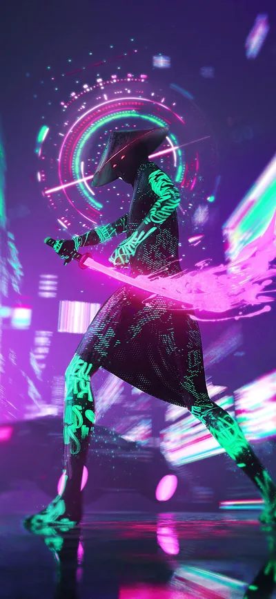 Cyberpunk Warrior with a Pink Blade HD Phone Wallpaper