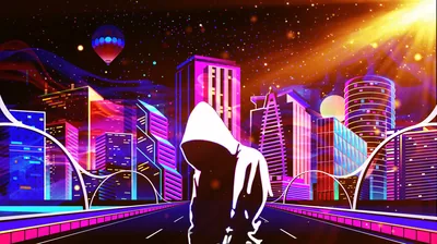 Hooded Figure Walking into a Neon City HD Wallpaper