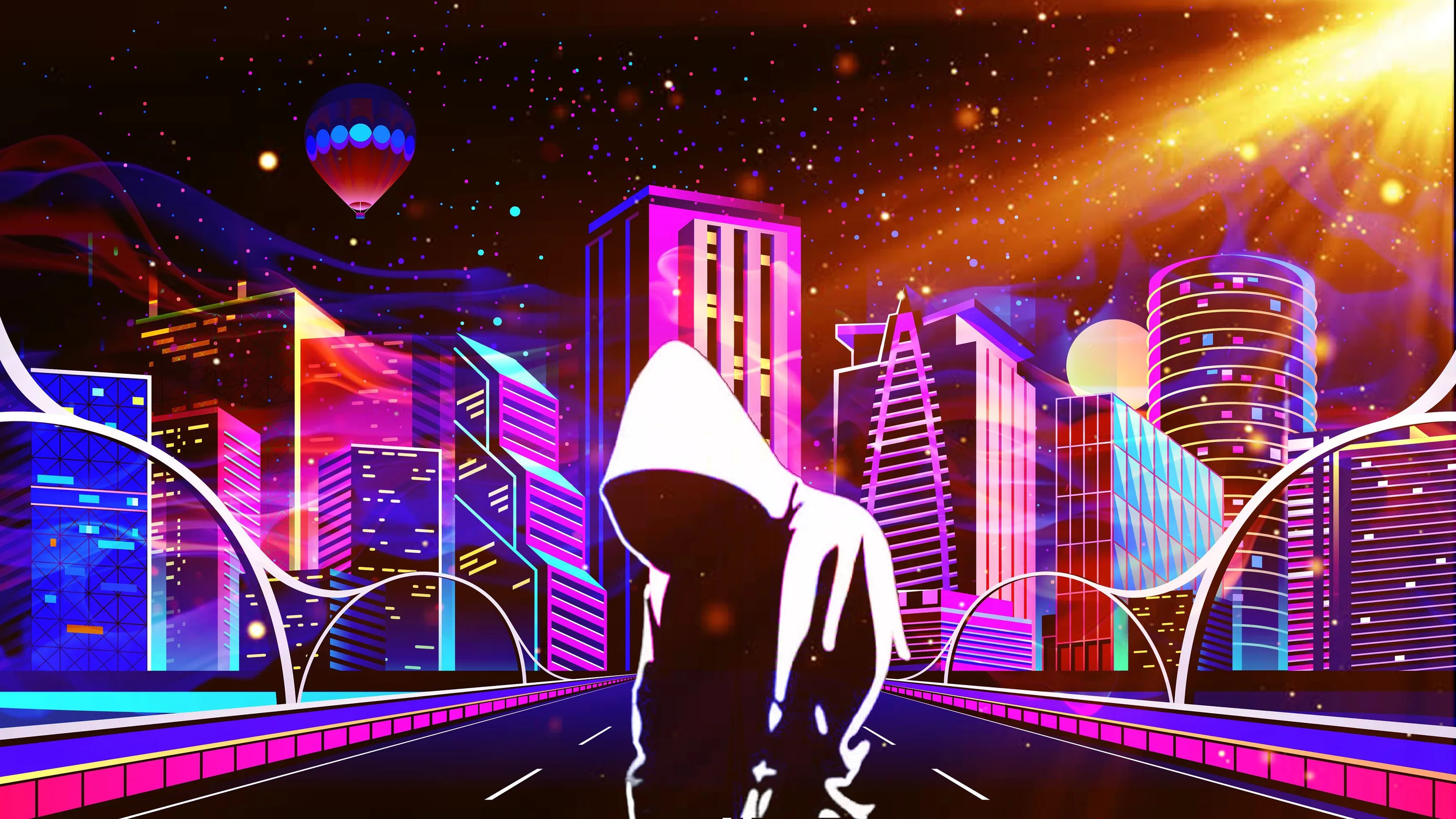 A figure in a white hoodie walks the centre line of a highway into a glowing city, a hot-air balloon and gold sunburst off to the right.