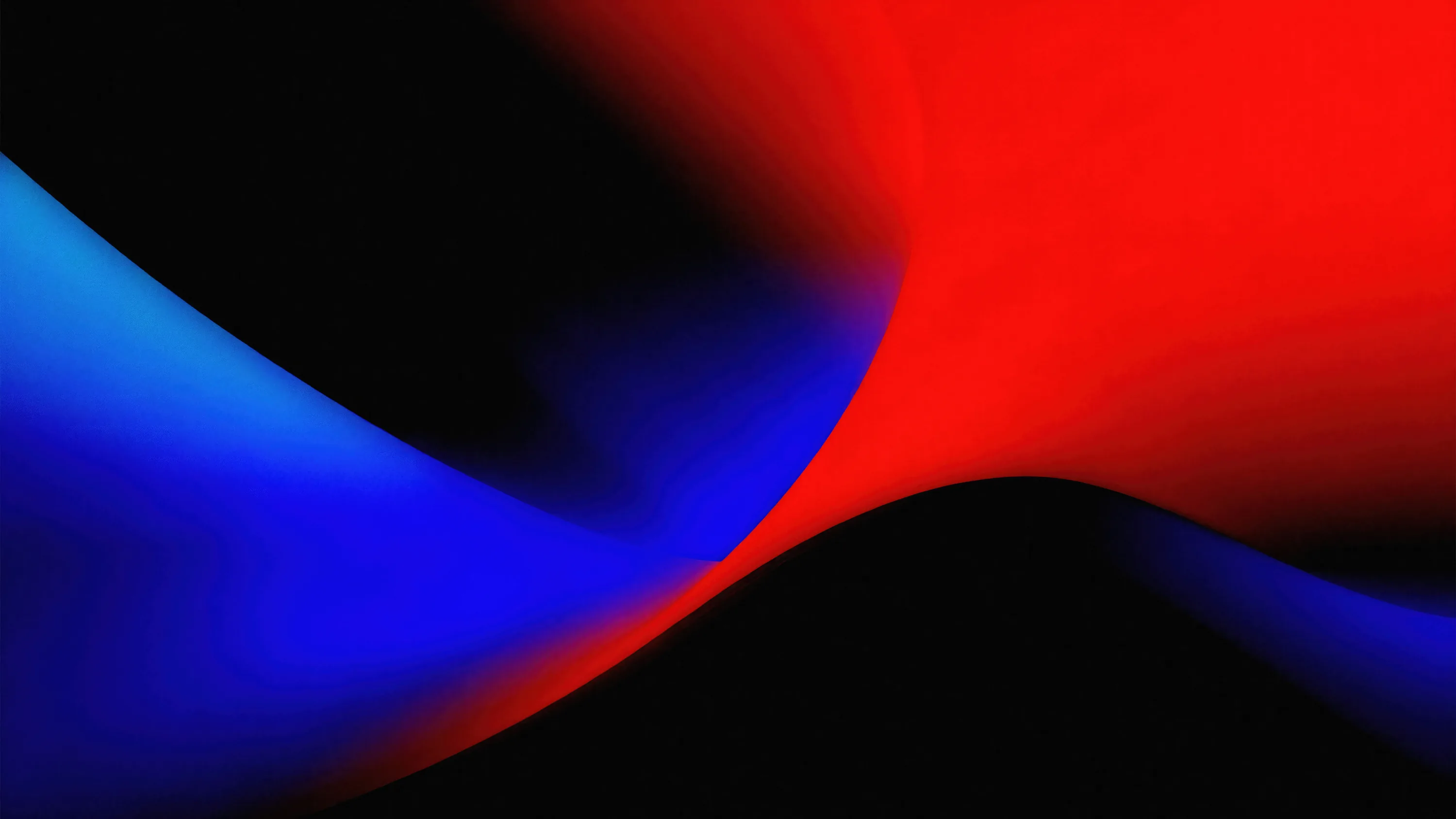 Soft red and cobalt gradients sweep past each other in a wide X, leaving the lower middle in deep black where a dock or icons sit cleanly.