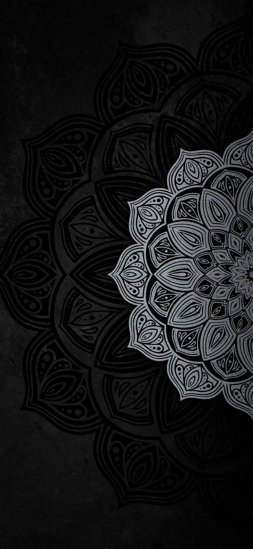 A layered mandala drawn in pale grey petals sits centre-right on a rough black wall, the pattern fading out toward the darker edges.