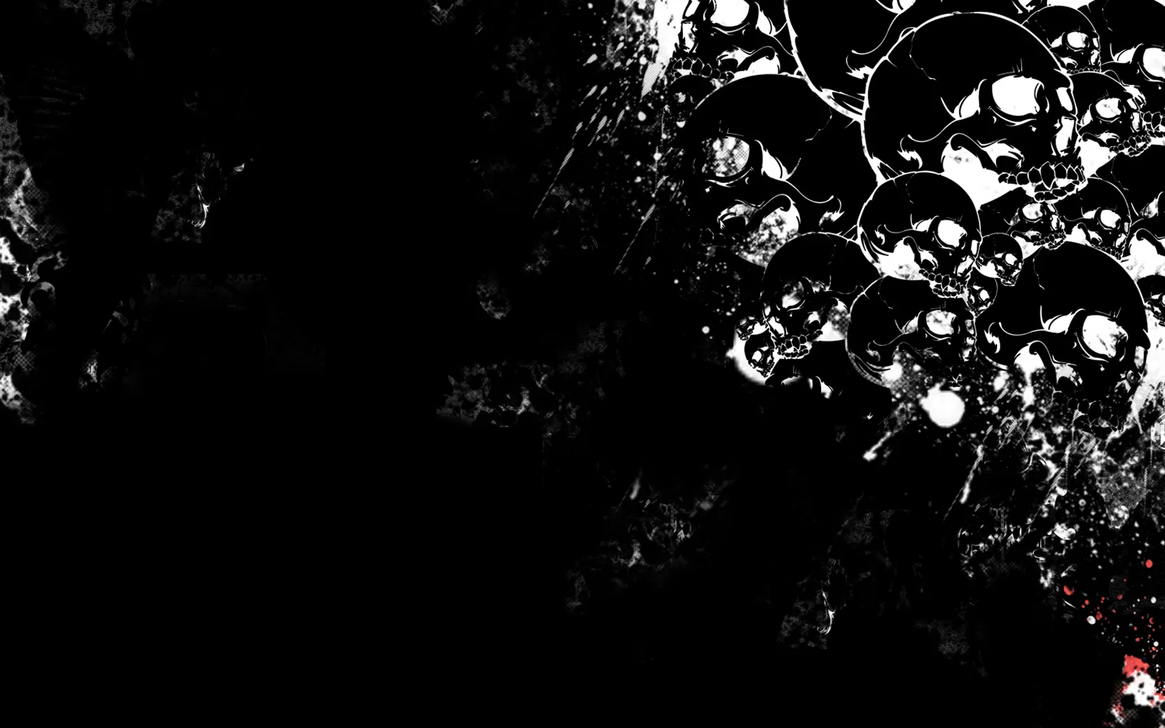 High contrast grunge texture with a cluster of bubble shapes in the top right corner, one tiny red mark near the bottom, the rest solid black.