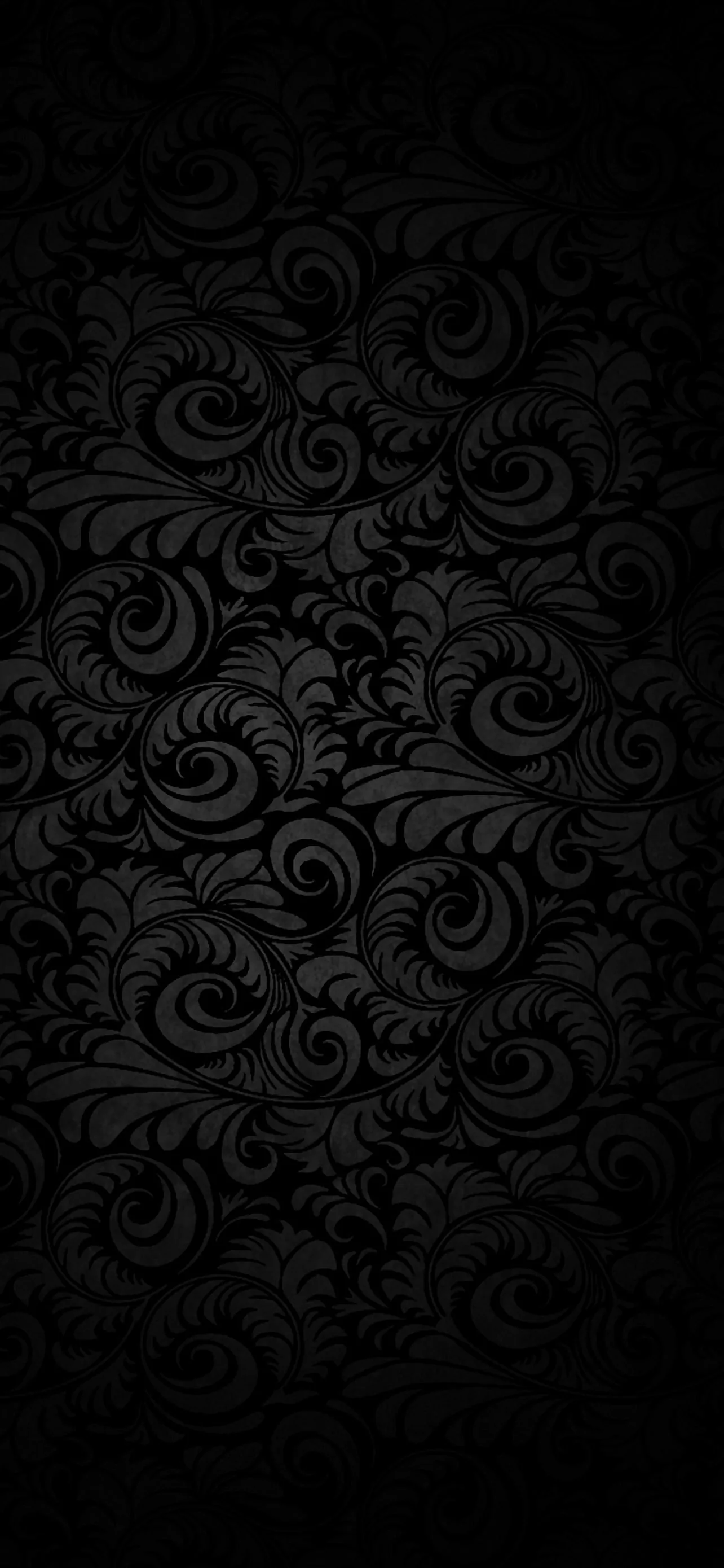 Dense paisley scrollwork covers the whole frame in charcoal on black, the raised edges catching a faint grey line so the pattern still reads at a glance.