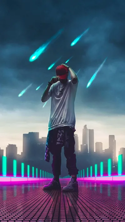 Boy Under Falling Meteors in a Neon City HD Phone Wallpaper