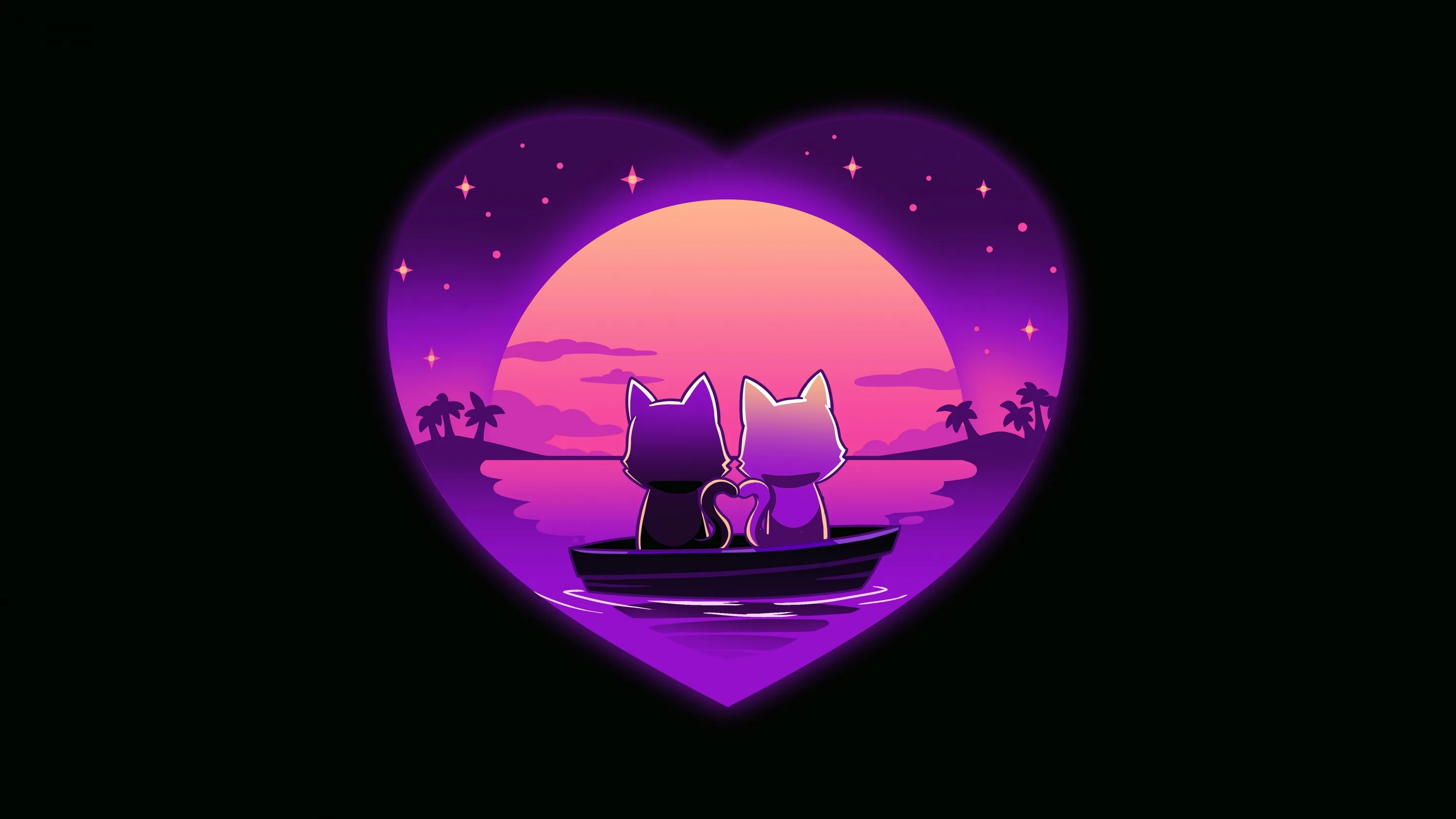 A heart-shaped window frames two cat silhouettes on a jetty under a violet sky, palms and stars behind them.