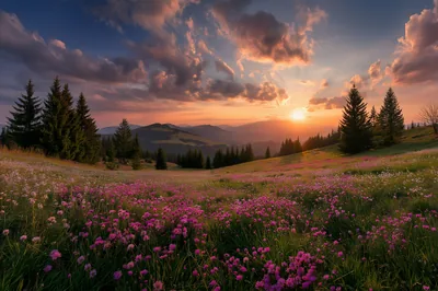 Pink Wildflower Meadow at Sunset HD Wallpaper