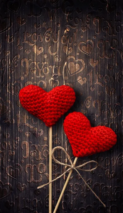 Knitted Red Hearts on Dark Wood HD Phone Wallpaper